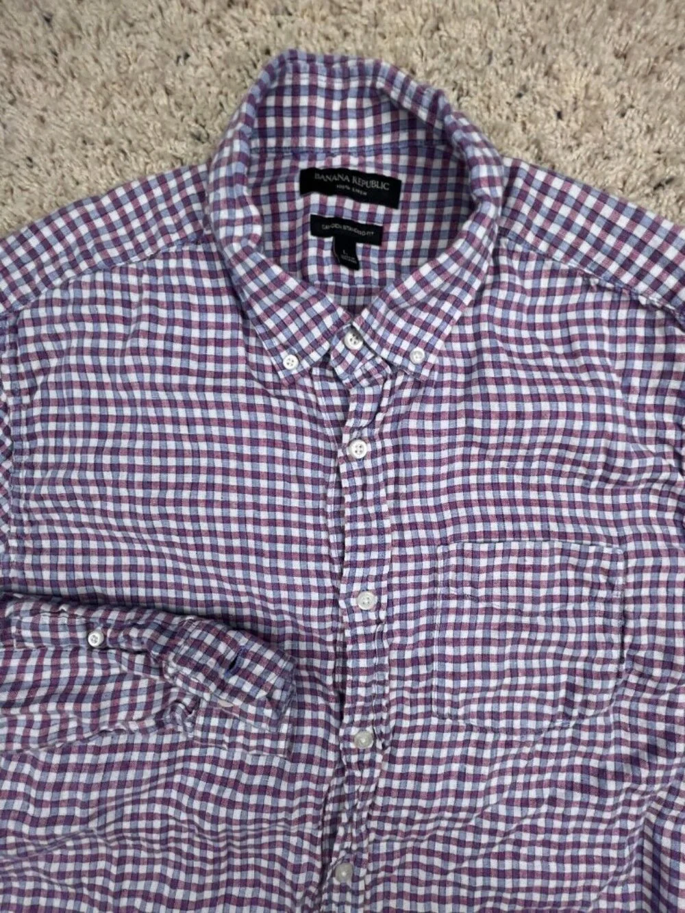 Banana Republic Linen Camden Standard Fit Button Up Shirt Large Purple Check